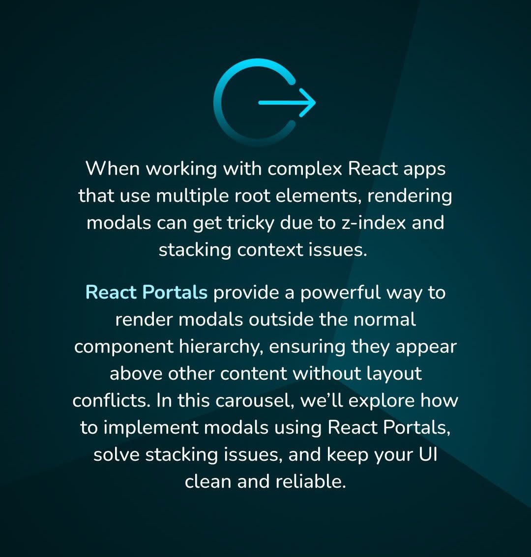 WaveTech_X's tweet image. 🧿  React Portals Made Simple

React Portals let you render modals into separate roots, solving stacking context problems once and for all. Learn how to implement clean, reliable modals and avoid layout conflicts in your multi-root apps.

#webdev #coding