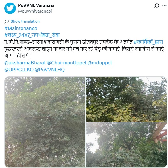 UPPCLLKO's tweet image. गुणवत्तापूर्ण बिजली आपूर्ति सुनिश्चित करने के लिए, बिजली लाइनों के संपर्क में आ रही पेड़ों की शाखाओं को काटने का कार्य लगातार जारी है।

#UPPCL 
@CMOfficeUP @EMofficeUP @aksharmaBharat @mduppcl