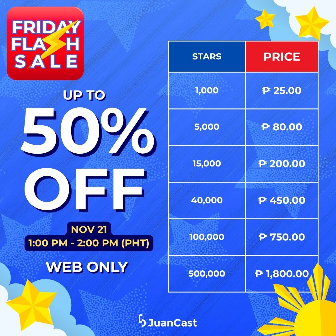 NotJuanCastPH's tweet photo. Dahil Friday ngayon mayroon tayong? FRIDAY FLASH SALE ⚡

Get up to 50% off on Stars 🌟 tomorrow, November 21, 2025, from 1:00 PM – 2:00 PM, via web only!

Don’t miss ⛔ this 1-hour Friday sale!

#JuanCast #EveryJuansChoice #FridayFlashSale https://t.co/Jr68vyWLdH