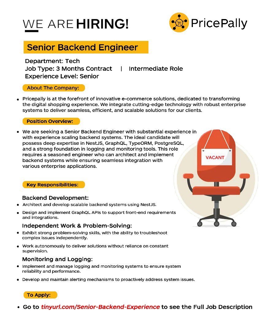 JobBusStop's tweet image. We are Hiring: Senior Backend Engineer (Contract)

Fully-Remote

🔗 See Full Job description and Apply tinyurl.com/Senior-Backend…
