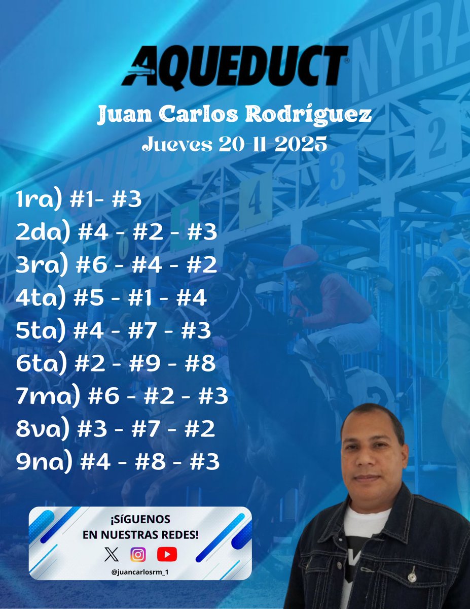 juancarlosrm_1's tweet image. ¡Pronósticos Ganadores! 🏇 Aqueduct - Jueves 20 de noviembre 2025 Con Juan Carlos Rodríguez

#PronosticosGanadores #Aqueduct #NewYork #HorseRacing #Racing #Hipismo #CarrerasDeCaballos #Horse #Deportes #Sports