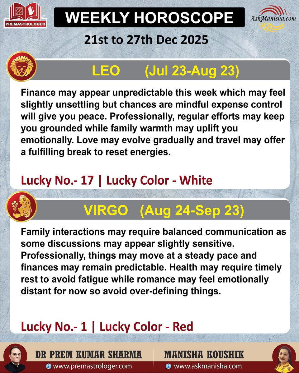 premastrologer's tweet photo. Weekly Horoscope 21st to 27th Dec’ 2025

#Aries #Taurus #Gemini #Cancersign #Leo #Virgo
#weeklyhoroscope

To check your sign pls click the link below:
https://t.co/oEtBrLnw0A
For personal consultation at +919216141456 https://t.co/yRjFWIzJb6