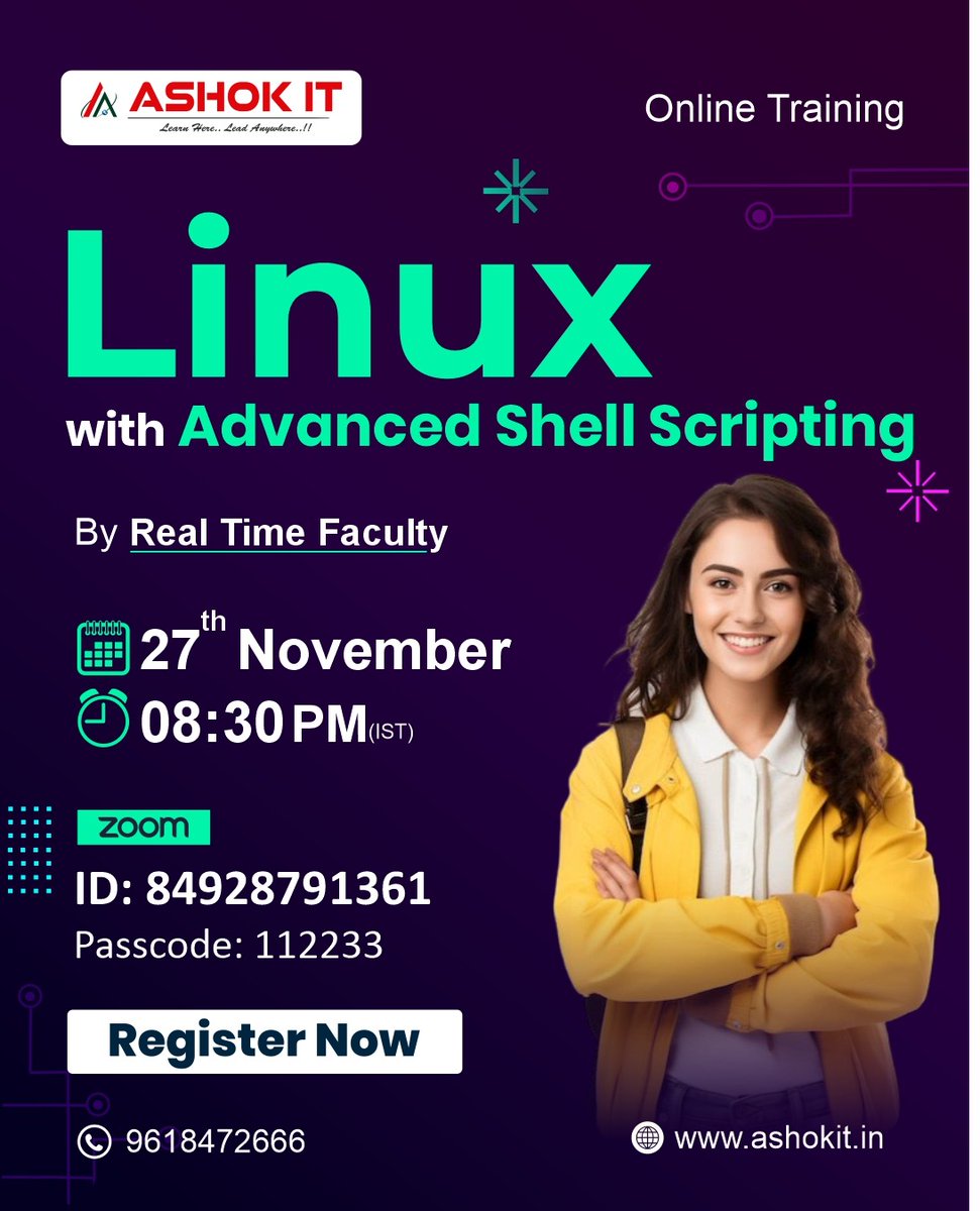 ashokitschool's tweet image. 🚀 Ready to Master Linux &amp;amp; Advanced Shell Scripting?
.
📲 Register Now: tr.ee/pWCHfd
.
📅 Date: 27th November
⏰ Time: 08:30 PM (IST)
🏫 Mode: Zoom Live Session
.
#LinuxTraining #ShellScripting #AdvancedShellScripting #DevOps #OnlineTraining #AshokIT