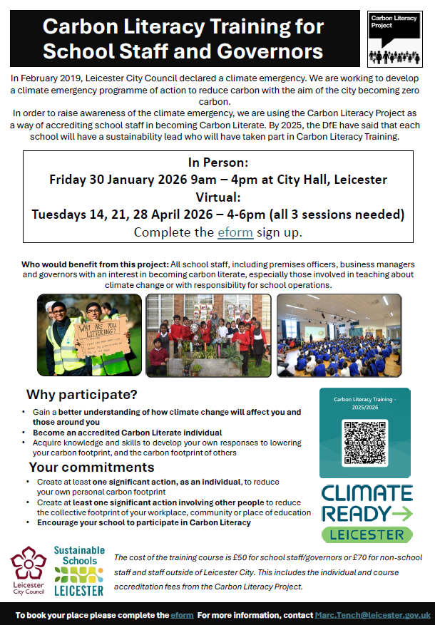 #COP30 Day 11. Over 200 school staff and governors in Leicester are carbon literacy accredited, taking individual and organisation wide actions to reduce carbon footprints. If you work in a school or education setting sign up to our training next year: forms.office.com/e/91aS8MbEkk