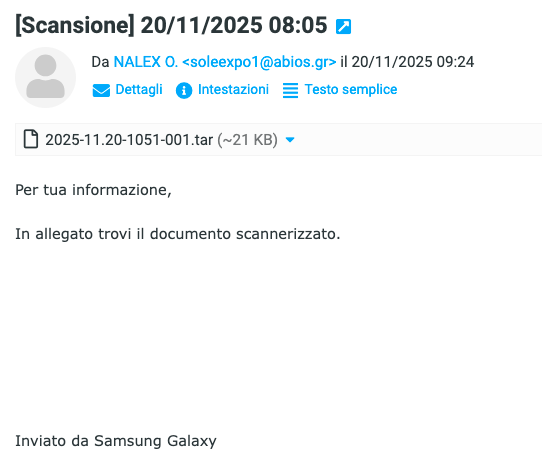 D3LabIT's tweet image. 🔥 Attenzione #Malware AgenTesla in Italia
Email massiva con oggetto [Scansione] 20/11/2025 08:05.
TAR con JS che scarica #AgenTesla.
🔍 IoC:
 • MD5: 236f4bacbe9af9df64f56f31c57a5e92
 • URL: 192.227.135.]225/LGevNxjKu15.]bin
 • C2: sslout[.]de
⚠️ Non aprite allegati sospetti.