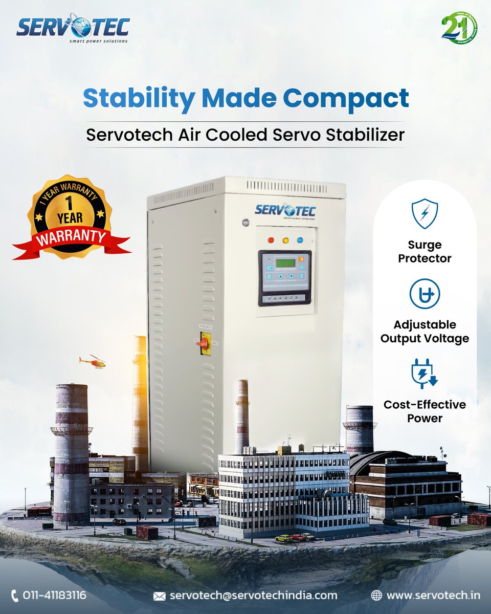 servotech_ltd's tweet image. Get compact stability with the 𝐒𝐞𝐫𝐯𝐨𝐭𝐞𝐜𝐡 𝐀𝐢𝐫 𝐂𝐨𝐨𝐥𝐞𝐝 𝐒𝐞𝐫𝐯𝐨 𝐒𝐭𝐚𝐛𝐢𝐥𝐢𝐳𝐞𝐫. Your ultimate shield against voltage fluctuations. With surge protection, adjustable output voltage, and high cost-effectiveness, it ensures seamless performance for all your…