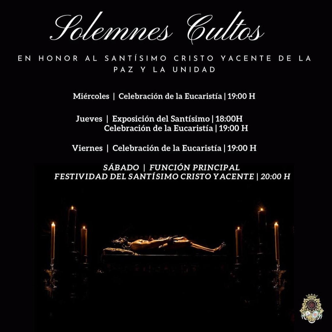 CaeliCapilla's tweet photo. El próximo domingo celebraremos la Festividad del Stmo. Cristo Yacente, eligiendo para ello un repertorio sobrio y elegante que invita al recogimiento que merece. ¡Gracias siempre! 

📍Iglesia San Pedro Apóstol
🕢 20:00 h.

#CMcaeli 
#CofradiasMLG https://t.co/RVEwLJlybm