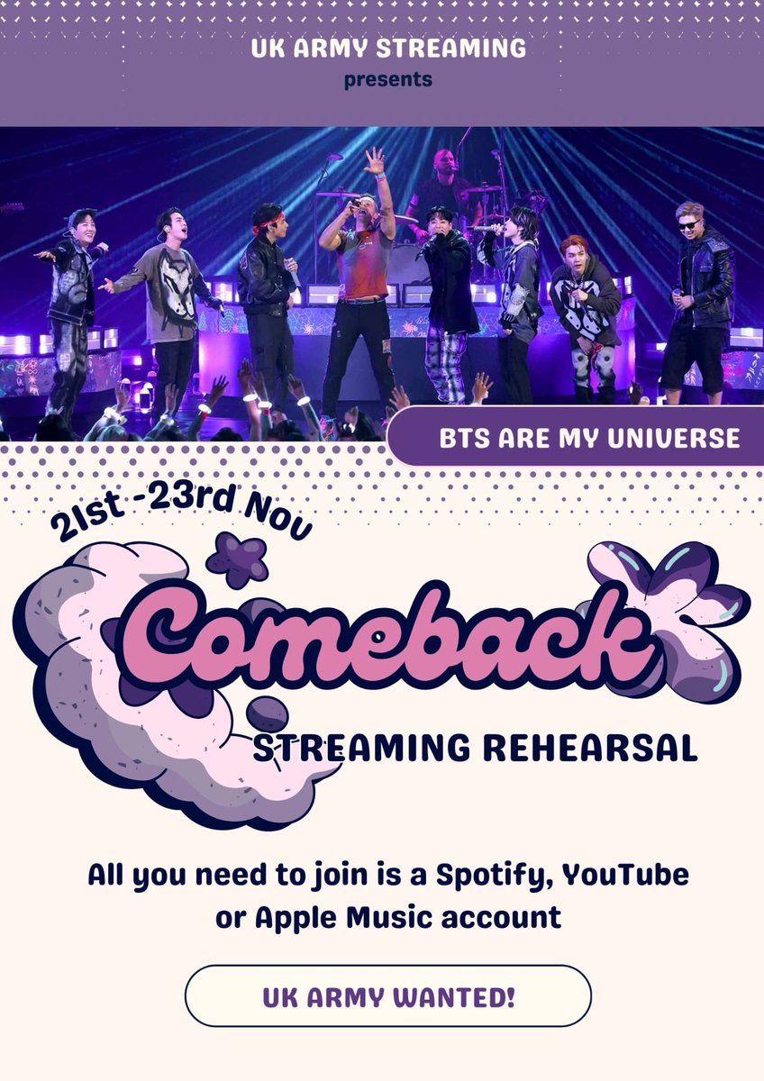 ukarmystreaming's tweet photo. Did you know BTS has never had a UK #1 song? 

This next comeback in 2026 we plan to change that.

Join our comeback rehearsals UK Army and learn how to stream for an ot7 comeback 💜

Playlists will be added here:
https://t.co/9tzQwr0lKE 

#BTS #BTSarmy https://t.co/exuhH46LYc