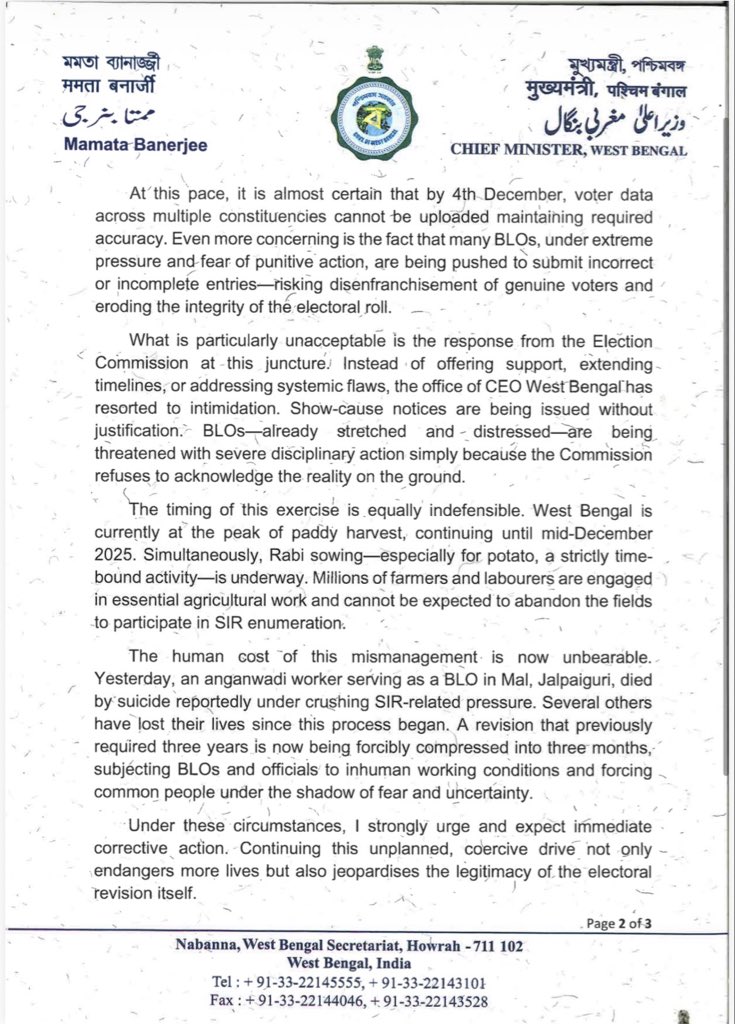 SreyashiDey's tweet image. Breaking: 

#WestBengal CM #MamataBanerjee writes to #ChiefElectionCommissioner of India urging #ECI to halt ongoing #SIR exercise, a day after a #BLO allegedly committed suicide in #WestBengal. 

CM also alleges, #CEO is resorting to “intimidation”.