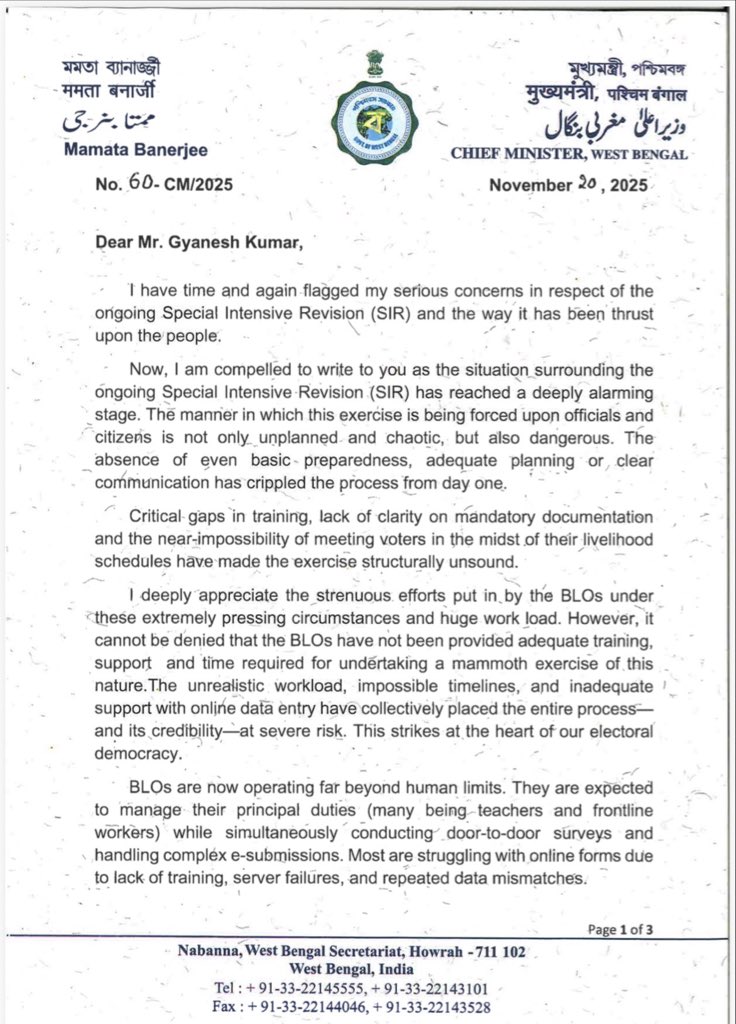 SreyashiDey's tweet image. Breaking: 

#WestBengal CM #MamataBanerjee writes to #ChiefElectionCommissioner of India urging #ECI to halt ongoing #SIR exercise, a day after a #BLO allegedly committed suicide in #WestBengal. 

CM also alleges, #CEO is resorting to “intimidation”.