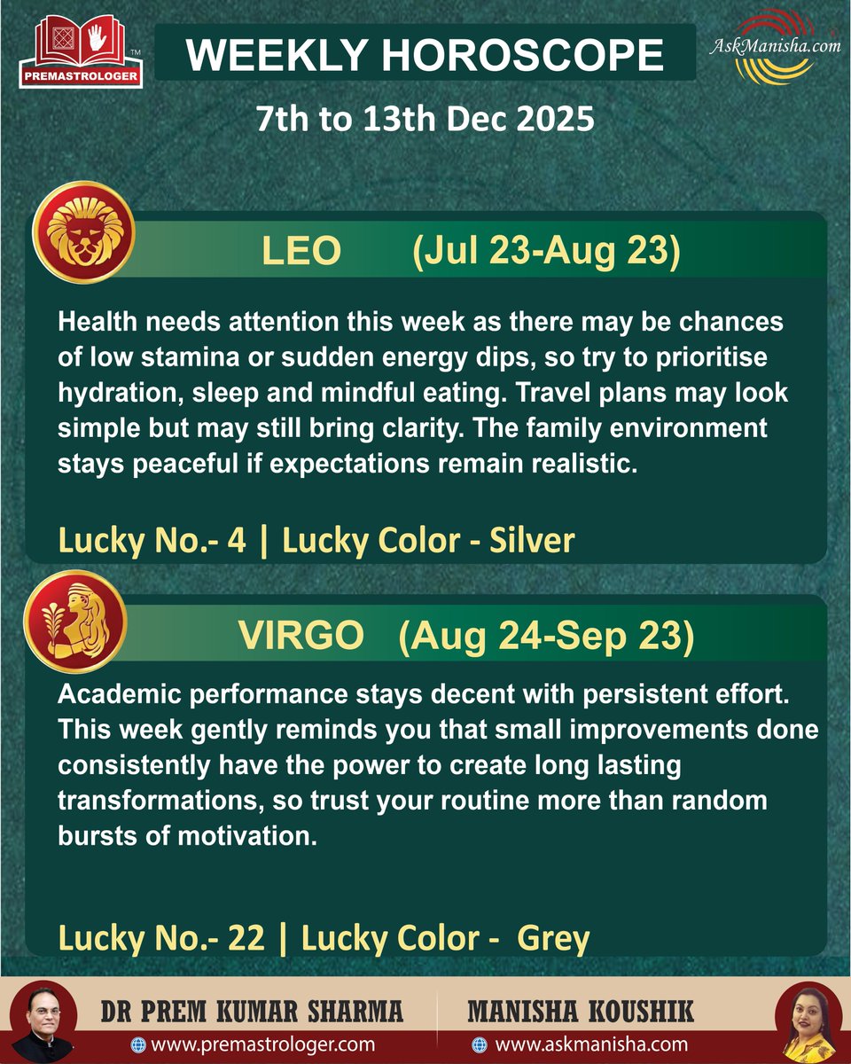 premastrologer's tweet photo. Weekly Horoscope 7th to 13th Dec’ 2025

#Aries #Taurus #Gemini #Cancersign #Leo #Virgo
#weeklyhoroscope

To check your sign pls click the link below:
https://t.co/oEtBrLmYb2
For personal consultation at +919216141456 https://t.co/DV0DUN7xvE