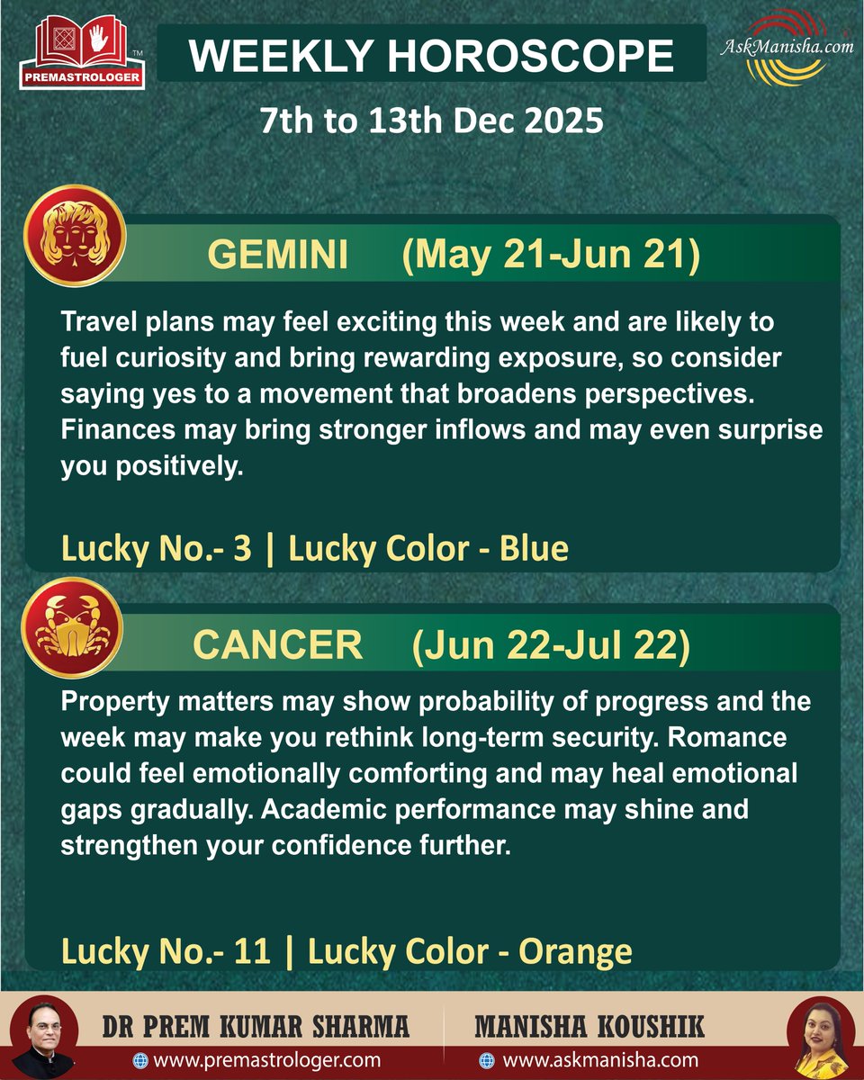 premastrologer's tweet photo. Weekly Horoscope 7th to 13th Dec’ 2025

#Aries #Taurus #Gemini #Cancersign #Leo #Virgo
#weeklyhoroscope

To check your sign pls click the link below:
https://t.co/oEtBrLmYb2
For personal consultation at +919216141456 https://t.co/DV0DUN7xvE