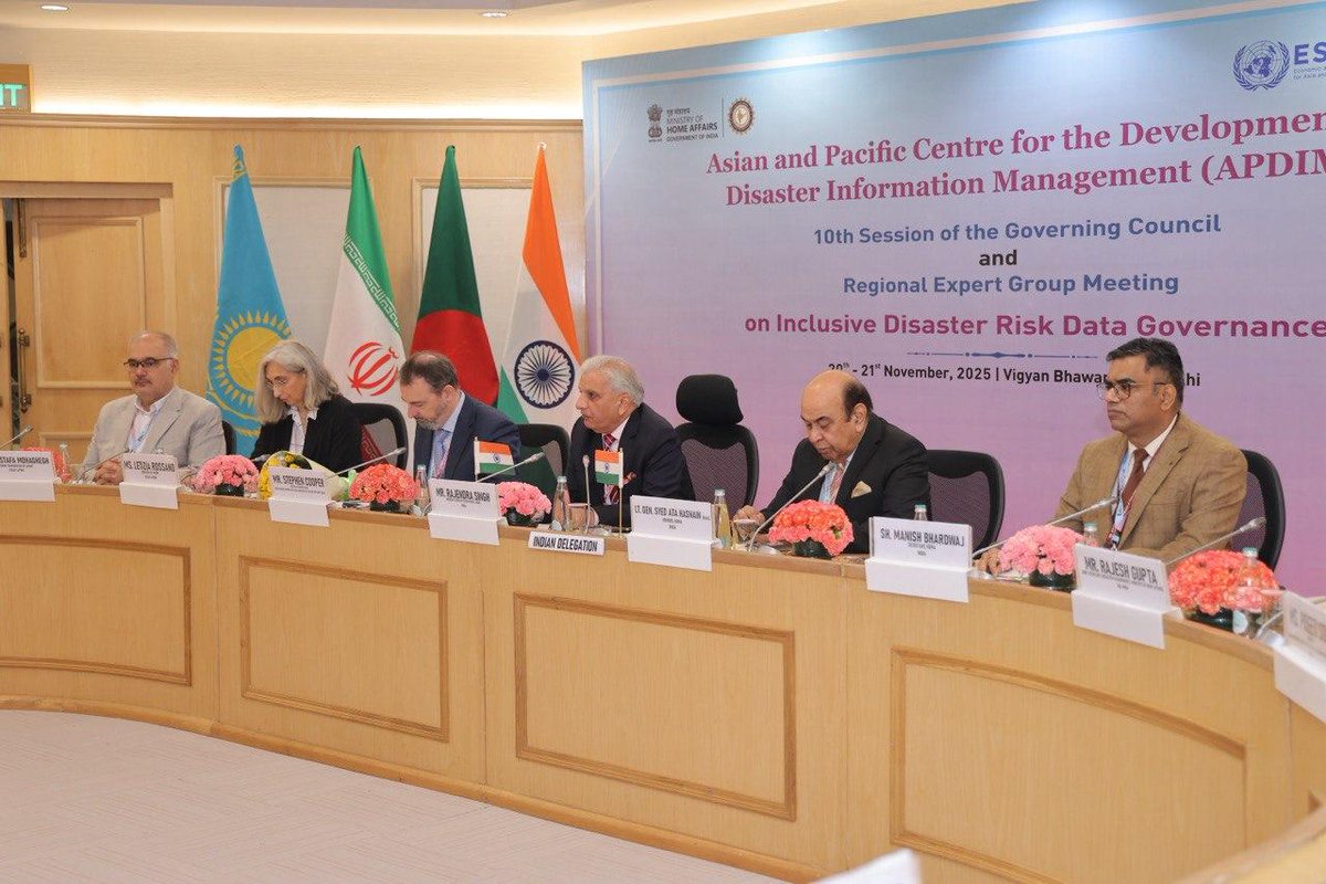 ndmaindia's tweet photo. The 10th Session of Asian and Pacific Centre for the Development of Disaster Information Management (APDIM) Governing Council and Regional Expert Group Meeting on Inclusive Disaster Risk Data Governance is being held on 20–21 November 2025 at Vigyan Bhawan, New Delhi. #APDIM #DRR https://t.co/2zfvCYpoJm