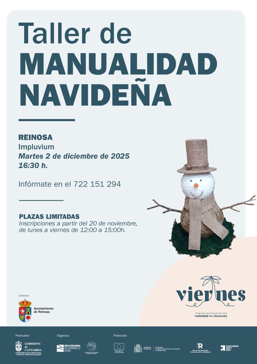 ProgramaViernes's tweet image. ¡#Reinosa! Inscripciones abiertas para el taller de manualidad navideña que se va a celebrar el martes 2 de diciembre en el #Impluvium. Podéis reservar vuestra plaza en el 722 151 294. ¡Os esperamos! #ProgramaViernes #CampooLosValles #SoledadNoDeseada #Prevención