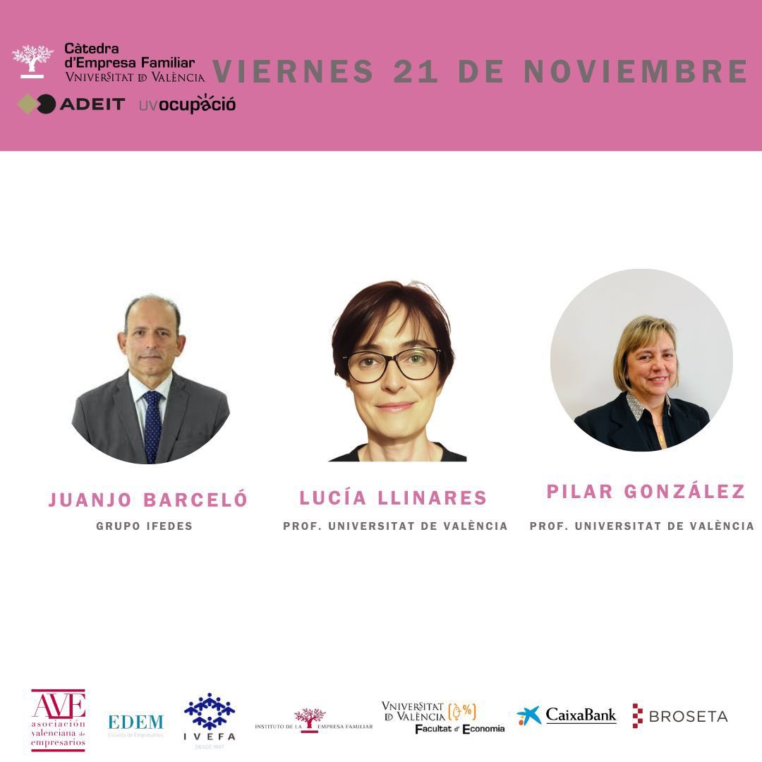 CEF_UV's tweet image. 🗓️ 21 nov | Semana 4 del #CursoEmpleoEF
👔 Juanjo Barceló (Grupo Ifedes): la toma de decisiones en la empresa familiar.
🎯 Mentoring con Pilar González y Lucía Llinares (UV): mejorar la empleabilidad.