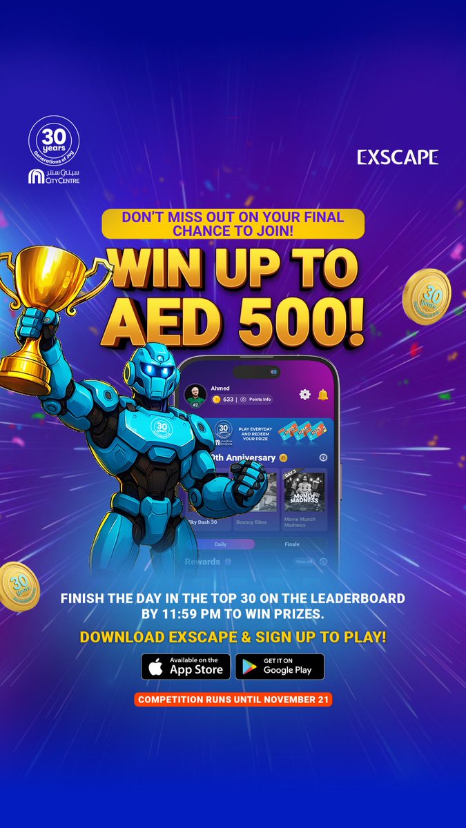 ExscapeOfficial's tweet image. 🎉 Day 10 Winners are in! Big congrats to the Top 30 for keeping the leaderboard on fire. 🔥 We’re down to the final stretch. Finish in the TOP 30 by 11:59 PM to win prizes and stay in the race! 🚀🇦🇪
#Exscape #CityCentreDeira #GamingChallenge #PlayAndWin #UAEGamers