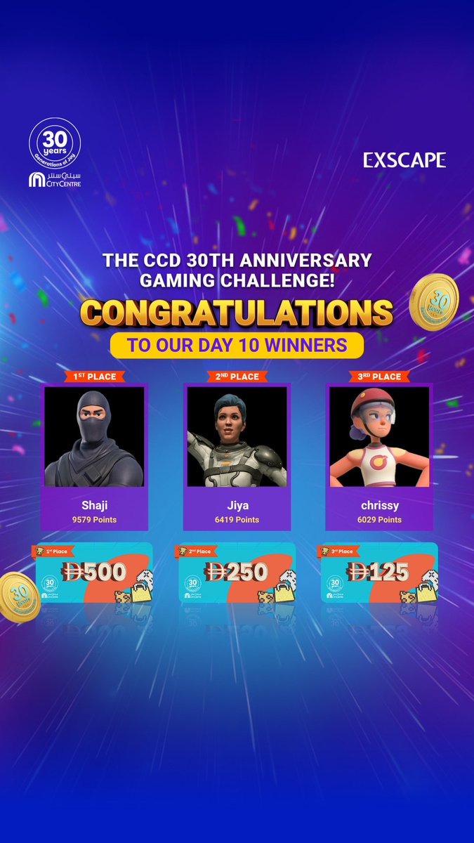 ExscapeOfficial's tweet image. 🎉 Day 10 Winners are in! Big congrats to the Top 30 for keeping the leaderboard on fire. 🔥 We’re down to the final stretch. Finish in the TOP 30 by 11:59 PM to win prizes and stay in the race! 🚀🇦🇪
#Exscape #CityCentreDeira #GamingChallenge #PlayAndWin #UAEGamers