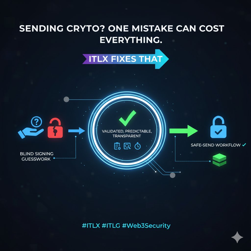MDKAMRULIS67740's tweet image. Sending crypto isn’t as simple as it looks — one small mistake can cost everything.
ITLX fixes that with safe-send workflow ✔️
No blind signing. No guesswork.
Just validated, predictable, transparent transactions.
#ITLX #ITLG #Web3Security