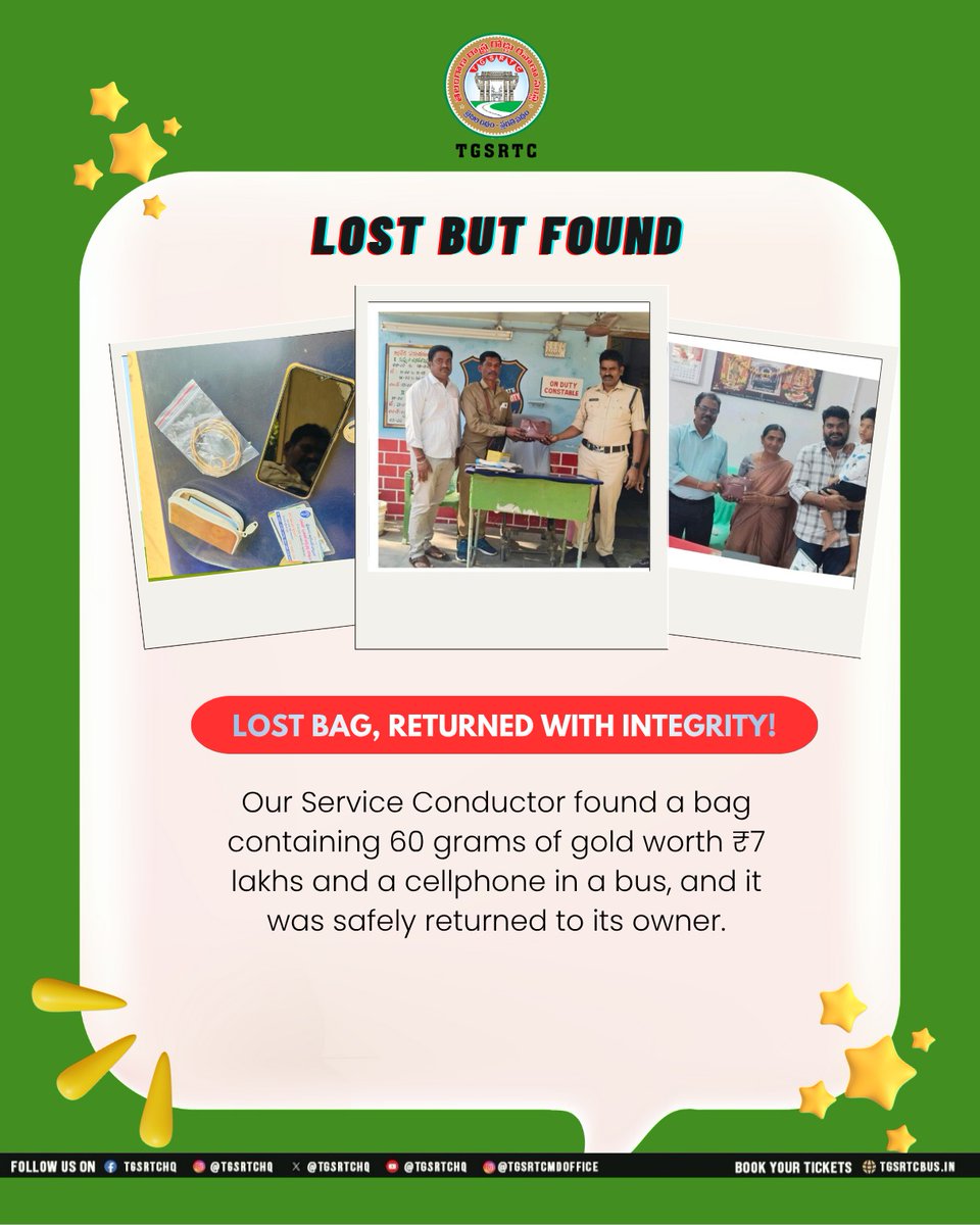 TGSRTCHQ's tweet image. 🚌  TGSRTC ensures safety, trust, and responsible service throughout your journey.
Our service conductor displayed exemplary integrity by returning a lost bag containing 60gms of gold worth 7 lakhs and a cellphone to its owner.

#tgsrtc #travelwithtrust #lostbutfound…