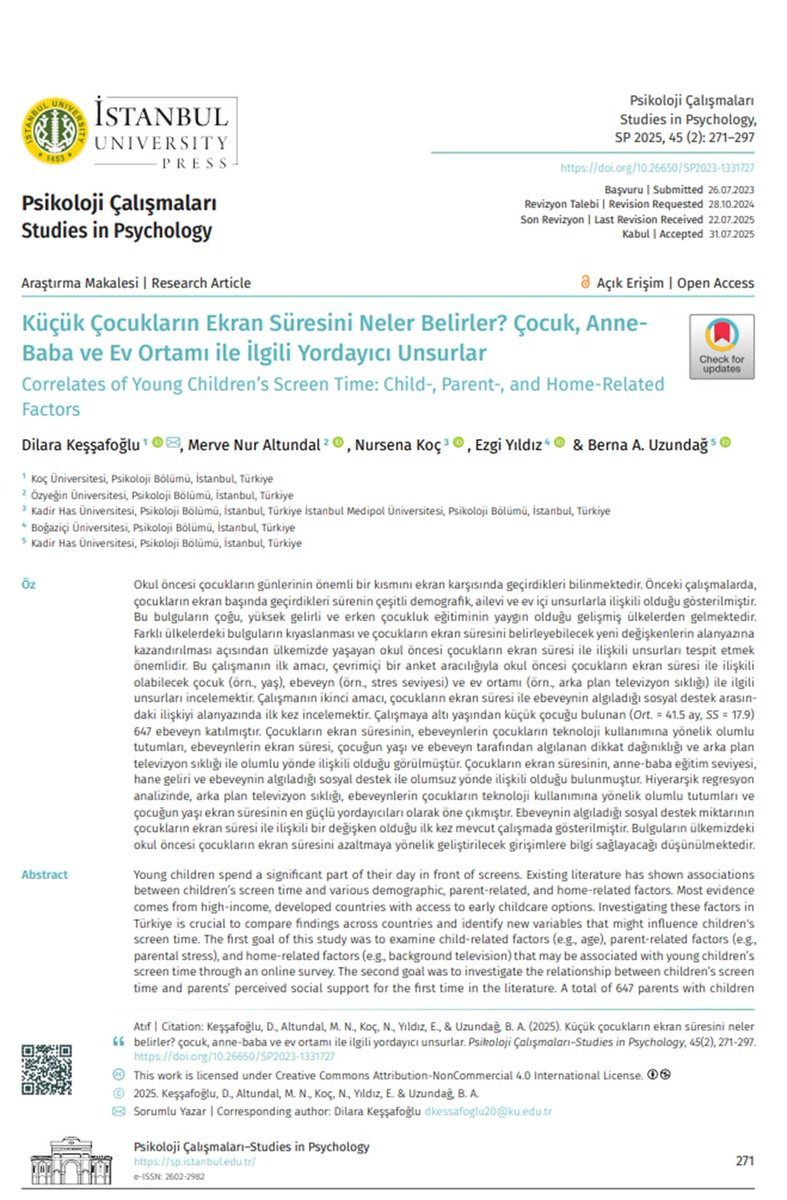 Studiesinpsy's tweet photo. Dilara Keşşafoğlu , Merve Nur Altundal , Nursena Koç , Ezgi Yıldız , Berna A. Uzundağ’ın Küçük Çocukların Ekran Süresini Neler Belirler? Çocuk, AnneBaba ve Ev Ortamı ile İlgili Yordayıcı Unsurlar başlıklı makalesi son sayımızda https://t.co/krficXP2A2 #OpenAccess #psikoloji https://t.co/6UK80vNKkM