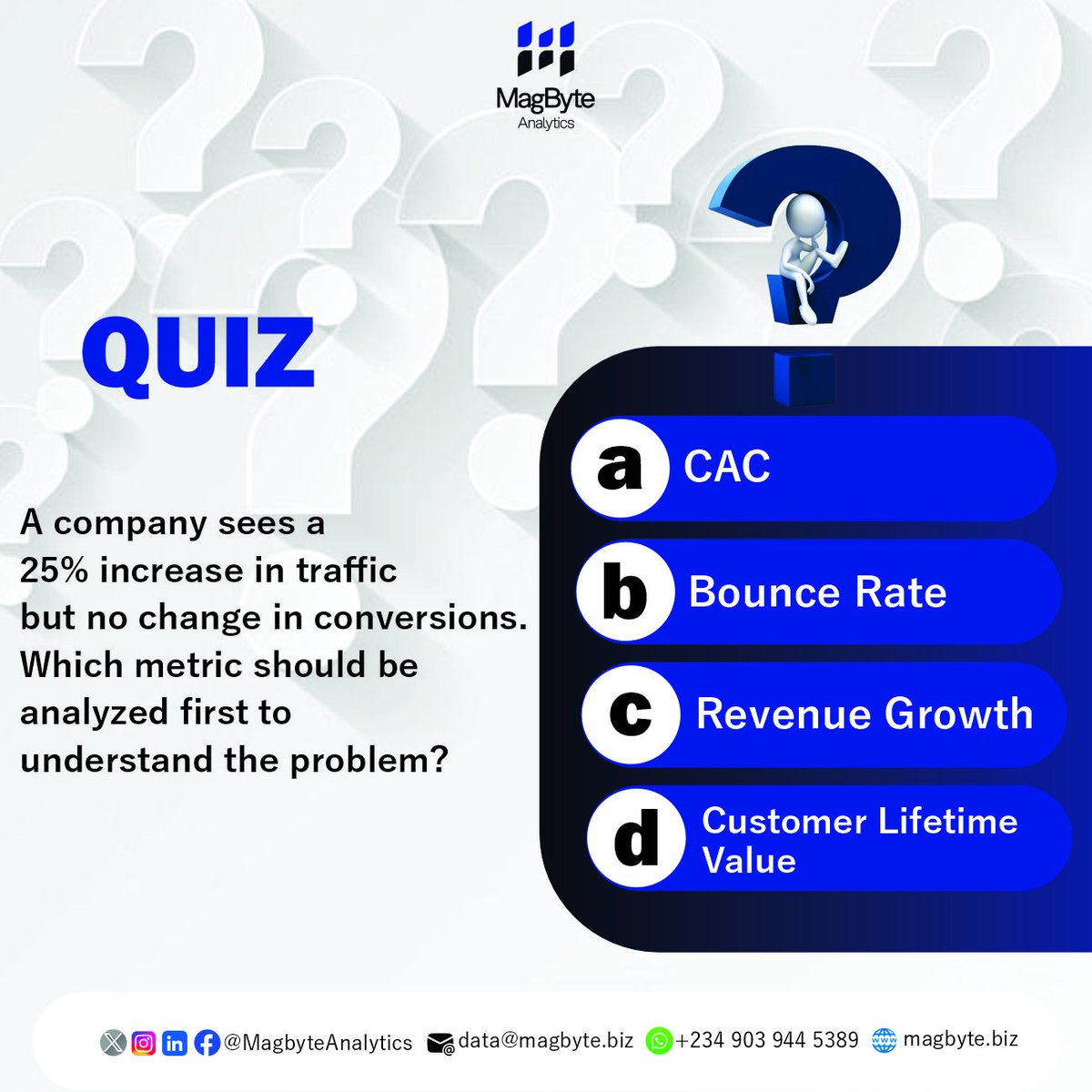 MagByteAnalytic's tweet image. Traffic is up but conversions are flat. What does that tell you? 🤔
Before you panic about marketing or sales, the first place to look is___________
Drop your answer in the comments. Let’s see who’s thinking like a data analyst. 😄

#MagByteAnalytics #DataQuiz #BusinessInsights