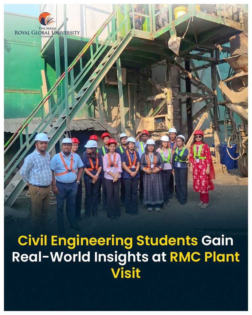 RoyalGlobal_Uni's tweet image. The Department of Civil Engineering organized an industrial site visit to the RMC plant, providing students with valuable exposure to real-time concrete production and modern construction practices.

#SiteVisit #RMCPlant #IndustryExposure #ConcreteTechnology #HandsOnLearning