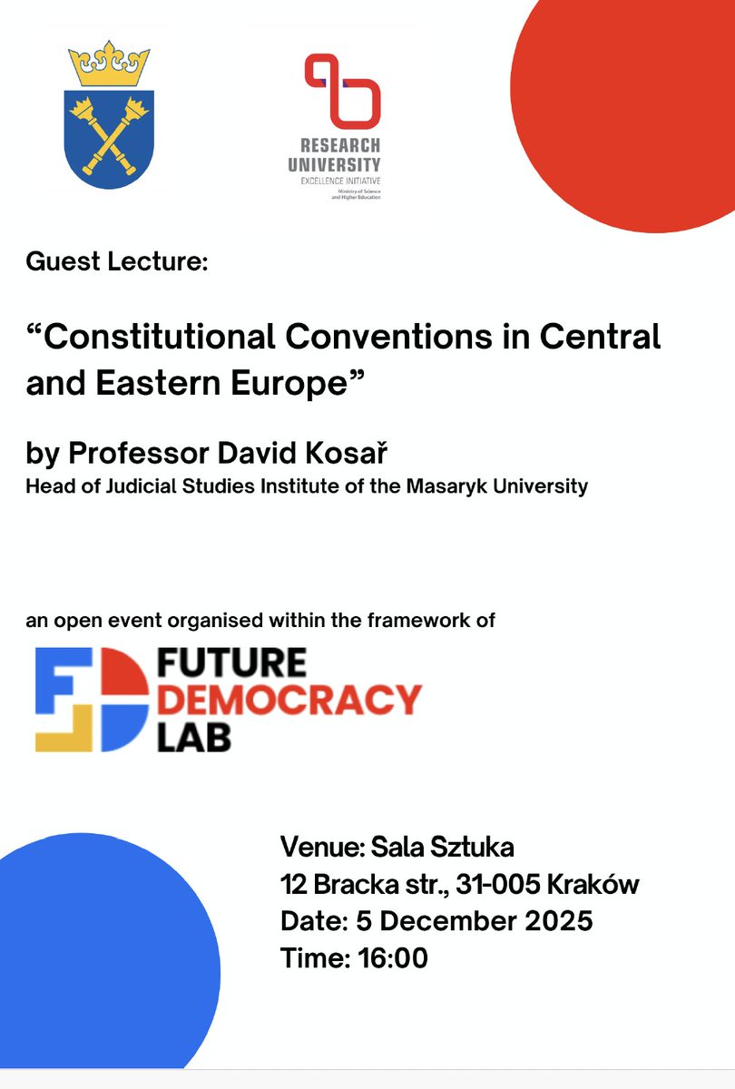 If you’re in Kraków on December 5, don’t miss <a href="/DavidKosarCZ/">David Kosar</a> lecture on constitutional conventions in Central and Eastern Europe.
Register here: forms.cloud.microsoft/e/HGPRL1fzJv