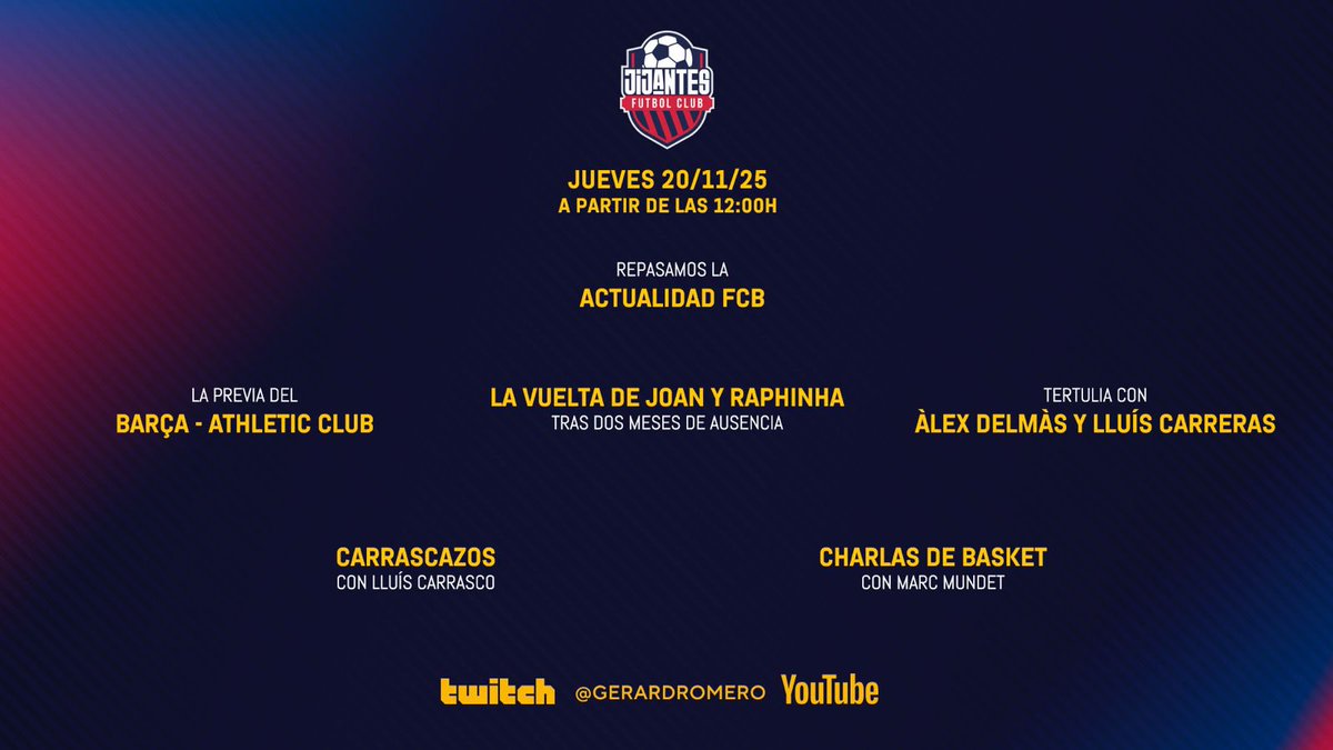 💥 A PARTIR DE LAS 12:00h... 👀

⚽️ La previa del Barça- Athletic Club

✅ Las vueltas de Joan Garcia y Raphinha tras sus lesiones

🗣️ Tertulia con <a href="/alexdelmas10/">Alex Delmas</a> y <a href="/lluiscarreras7/">lluiscarreras7</a> 

🚀 Carrascazos con <a href="/lluiscarrasco/">LLUíS CARRASCO</a>

🏀 Charlas de basket con <a href="/MarcMundet78/">Marc Mundet</a>