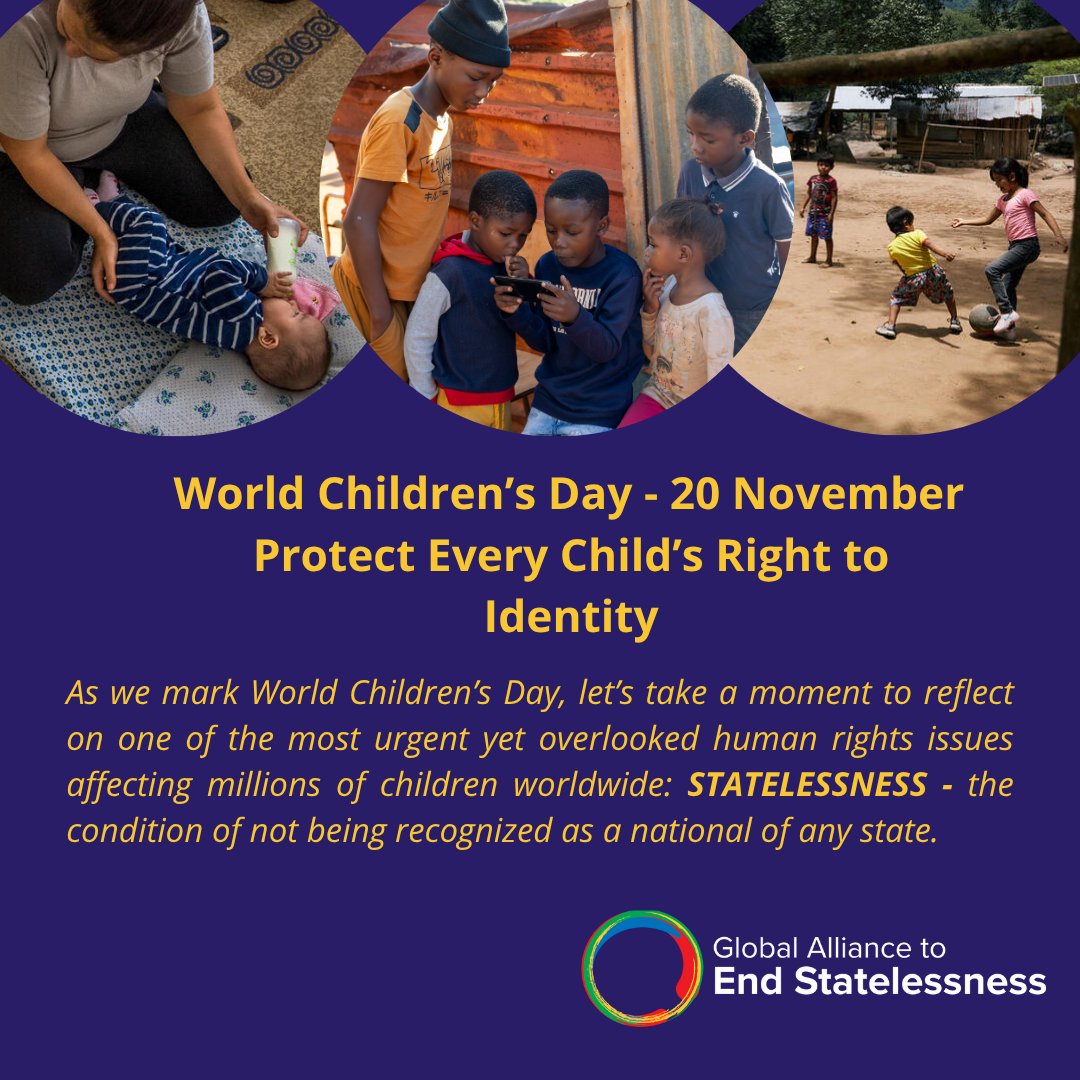 EndStatelessns's tweet photo. 🌍Today marks #WorldChildrensDay! 
Every child deserves the Right to an Identity 🆔 But too many children grow up invisible, and denied basic rights. 🚫 
👉Discover what drives childhood statelessness and how we can help end it, including the actions of our Alliance. https://t.co/Zoz8XP9aB0