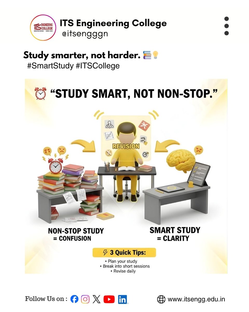 ITSEngggn's tweet image. Stop studying non-stop—start studying smart! 📚✨
Plan better, revise daily, and break your sessions into small, effective chunks. 💡
#StudySmart #ITSCollege #ProductiveLearning #RevisionTime