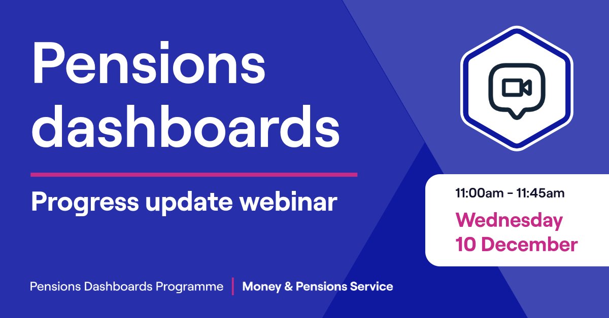 PensionsDboards's tweet image. Keen to hear the latest updates on pensions dashboards?

Join us for our progress update webinar where we&apos;ll discuss developments from the last 6 months.

🗓️ Wednesday 10 December
🕚 11:00am - 11:45am

Register to attend: ow.ly/glUH50XuwU3 

#PensionsDashboards #Webinar
