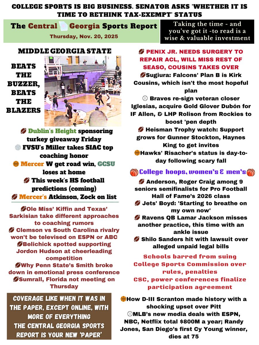 CentralGaSports's tweet image. *Thwack* Coverage, The Central Georgia Sports Report, has arrived.
Big W for @MGAKnights @MiddleGA_MBB; Scoreboard; @DublinIrishFB @height_romello's turkey giveaway
Penix done for 2025, Braves moves, UGA, Tech, Hawks
College 🏈🏀, NFL, MLB, more galore in centralgasports.com.