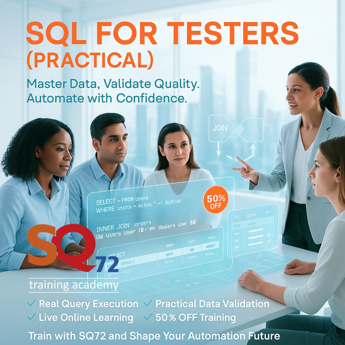 SQ72Testing's tweet image. SQL for Testers — Live Online (50% OFF)
Nov 27–28
Learn real SQL for QA, automation &amp;amp; data validation.
🌐 sq72.co
#LearnToCode  #SoftwareEngineering