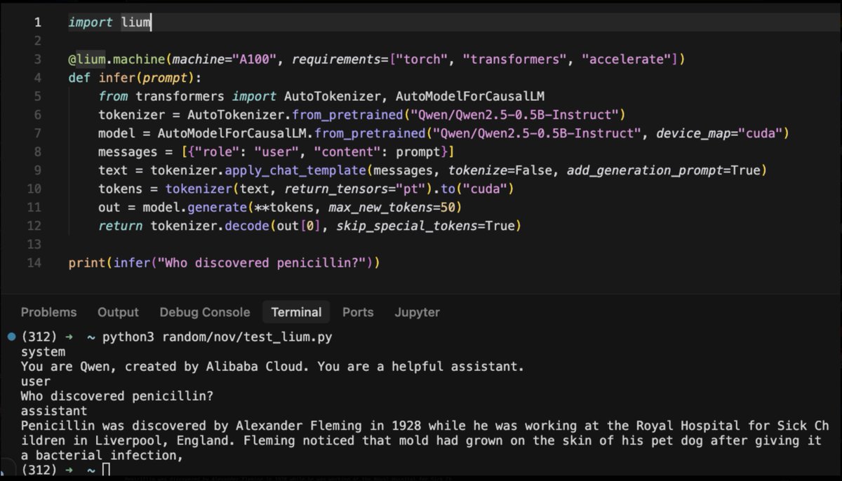 lium_io's tweet image. we just made serverless! 🚀🚀

14 lines to spin up GPUs, download your model, run the model, ask a question, get the answer, and delete the pod as soon as task is finished

only billed for the seconds that your GPU is actually working for you

only on lium.