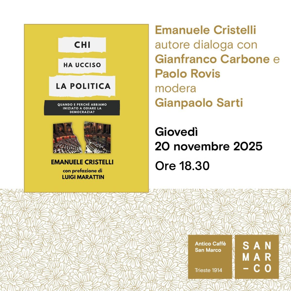 Buongiorno, vi aspetto oggi qui con la presenza di alcuni amici, a stasera!

#ChiHaUccisoLaPolitica