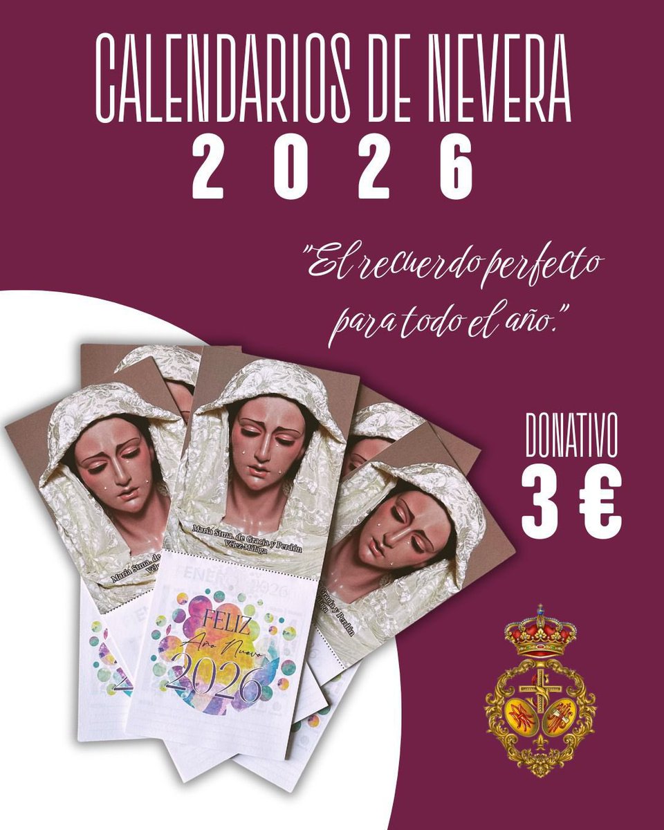 [CALENDARIOS 2026]

Ya disponibles los calendarios de nevera 2026. Un detalle práctico y con el sello de nuestra devoción, que no puede faltar en ningún hogar cofrade.

No te quedes sin el tuyo y colabora, un año más, con nuestra Cofradía.

#GratiaPlena