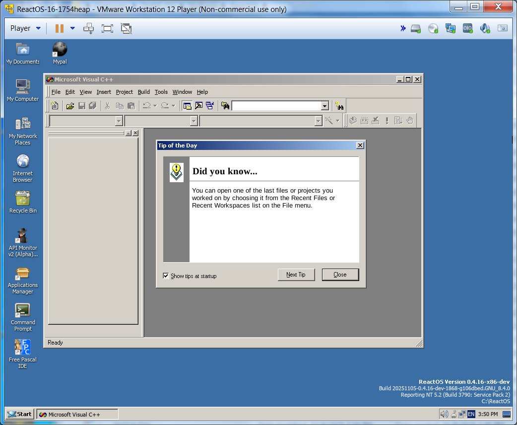 reactos's tweet image. With a bugfix in our C runtime, Microsoft Visual C++ 6 now starts in #ReactOS, instead of freezing!
Courtesy of simonelombardo and Doug Lyons.
(Note: WineVDM is needed for installation.)