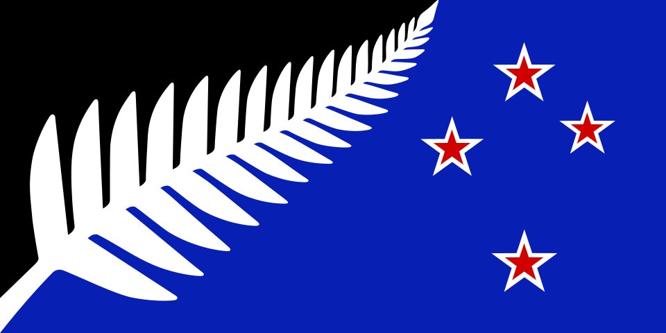 banderesidemes's tweet photo. Opció A: La #SilverFern (black, white & blue) de Kyle Lockwood. La falguera representa el creixement de la nació i la creu del Sud la ubicació de Nova Zelanda a l'hemisferi sud. Aquesta proposta fou la preferida del 1r ministre neozelandès John Key.
2/6 https://t.co/3GSUEzqV0j
