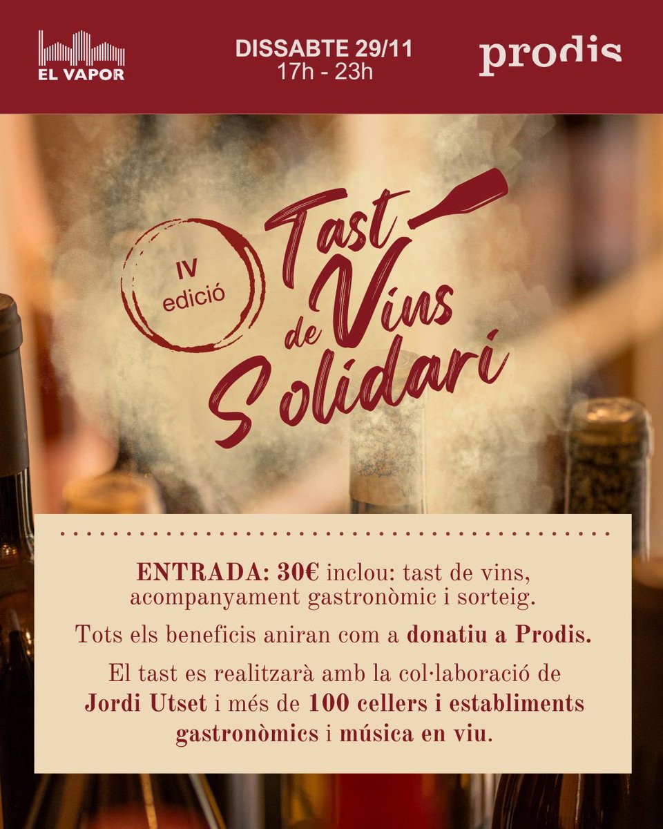 prodisterrassa's tweet photo. IV Tast de Vins Solidari de Prodis
📅 29/11 · 17h-23h · El Vapor (Sala Mercat)
🎟️ 30 € (tast + menjar + sorteig)
👉 entrades: https://t.co/JGAudwaZqa
+ de 100 cellers, amb Jordi Utset, música i ambient únic.
Tots els beneficis son per a Prodis.
🍇💚
#Prodis #JuntsSomCapaços https://t.co/gtNi9cvW7S