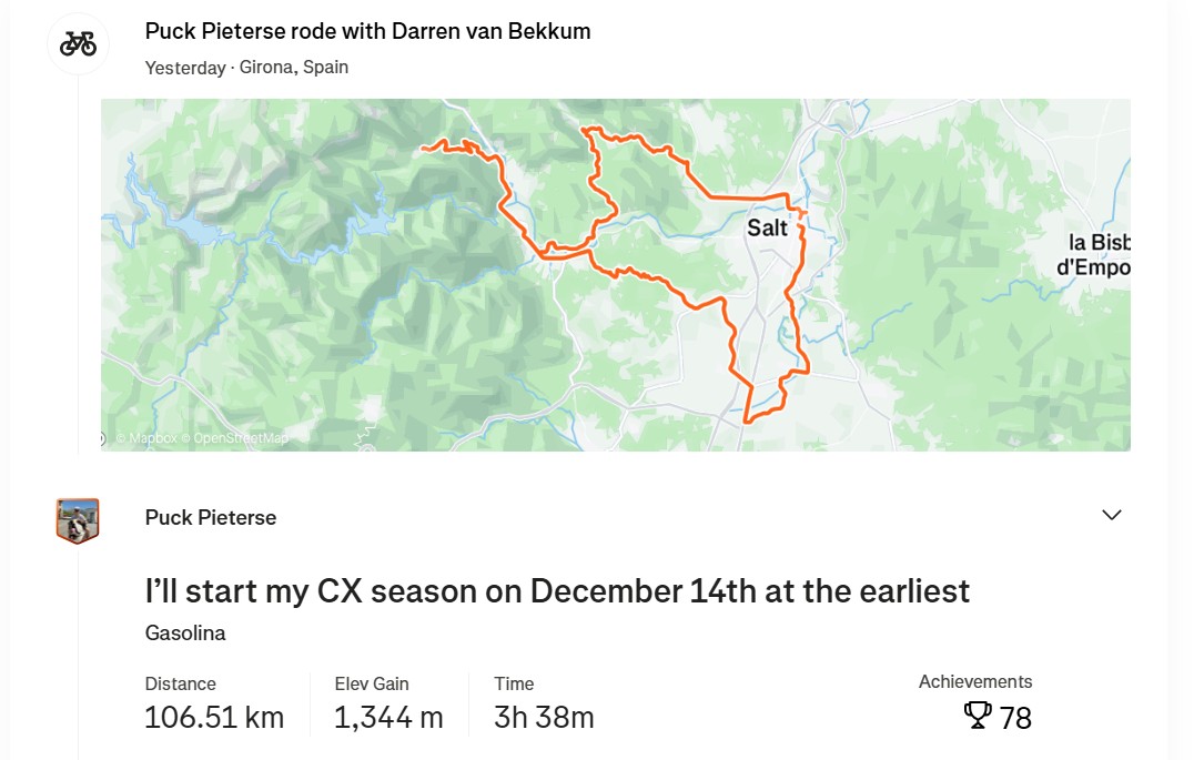 Strava titles used right.

🇳🇱 Puck Pieterse will start her cyclocross season the earliest on 14 December in 🇧🇪 Namur.
