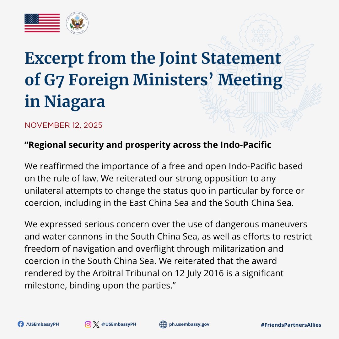 USEmbassyPH's tweet image. Read this excerpt from the Joint Statement of G7 Foreign Ministers’ Meeting in Niagara.  Full statement:  state.gov/releases/offic… #FreeAndOpenIndoPacific