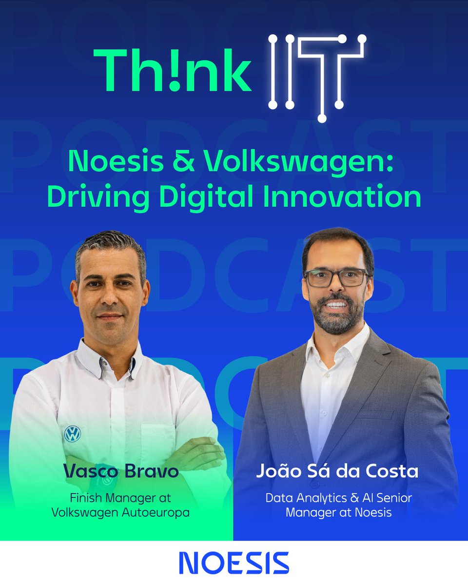 Noesis_Portugal's tweet image. 🚨 Missed our latest #ThinkIT episode?
 🎙️ Vasco Bravo (Volkswagen Autoeuropa), João Sá da Costa &amp;amp; Pedro Matias (Noesis) discuss how #AI &amp;amp; digital transformation are driving smarter decisions in the automotive industry.
 🎧 Listen now: eu1.hubs.ly/H0p8tJC0
#Podcast #Noesis