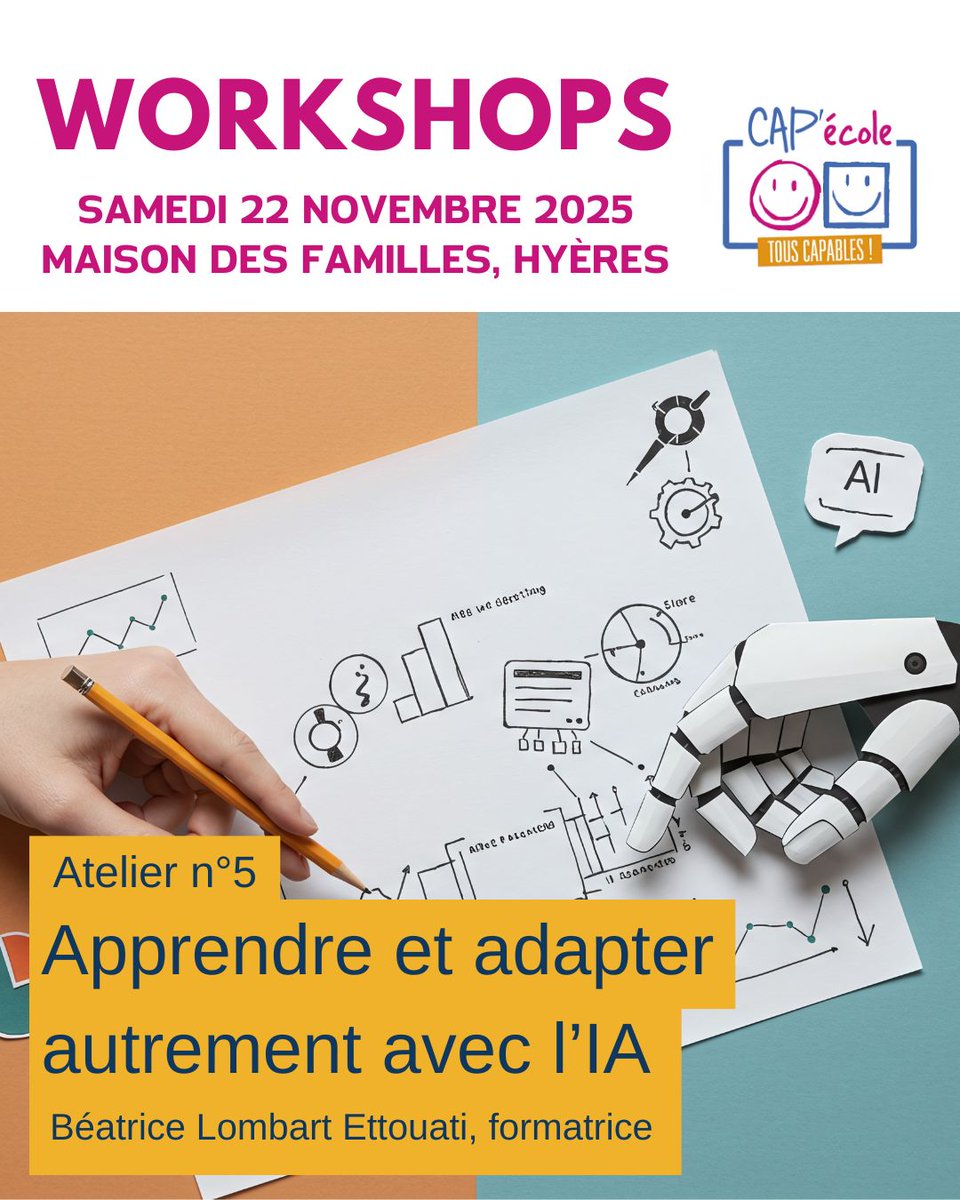 Comment utiliser l'IA pour adapter les apprentissages aux besoins de chaque enfant? Atelier 5, samedi 22/11.
👉Inscription gratuite, places limitées : forms.gle/ZkkLW7acDtDS2t…
#écoleinclusive #Hyères #Var #handicap #handicapinvisible #pédagogiepositive #AdaptationsPédagogiques