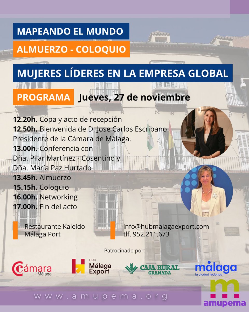Almuerzo-coloquio "Mujeres Líderes en la empresa global: experiencia y retos desde Andalucía"
<a href="/Camara_Malaga/">Cámara de Comercio de Málaga</a>
El evento estará moderado por Ana Pérez-Bryan
<a href="/DiarioSUR/">SUR. El periódico de Málaga</a>
Información e inscripción en: camaramalaga.com/almuerzo-coloq… #empresarias #emprendedoras