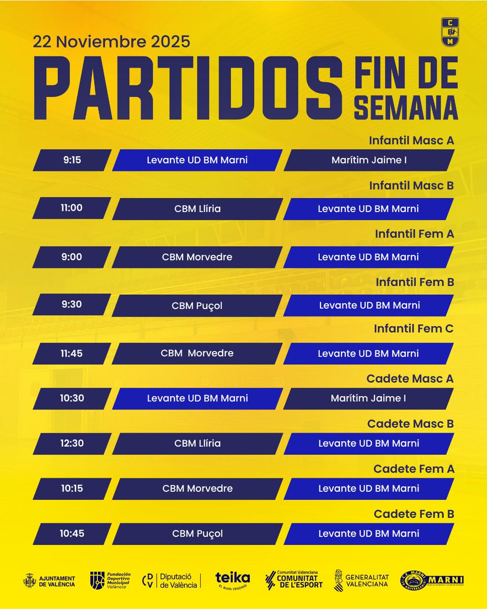 ¡Ya están aquí los horarios de los partidos de este fin de semana!
Conoce a qué hora juega tu equipo favorito. 
Marni, força 💙💛 !
<a href="/C_E_Marni/">Marni</a> <a href="/FDMValencia/">FDM Deporte València</a> <a href="/dipvalencia/">Diputació de València</a> <a href="/comunitatesport/">Comunitat de l'Esport</a> <a href="/Teika_es/">Teika</a> <a href="/Nostresport/">nostresport.com</a> <a href="/PolideportivoCV/">El Polideportivo 📢</a> <a href="/dbSportpress/">dbSportpress</a> <a href="/yosoynoticia_/">YoSoyNoticia.es</a> <a href="/Levante_TV/">Levante TV</a>