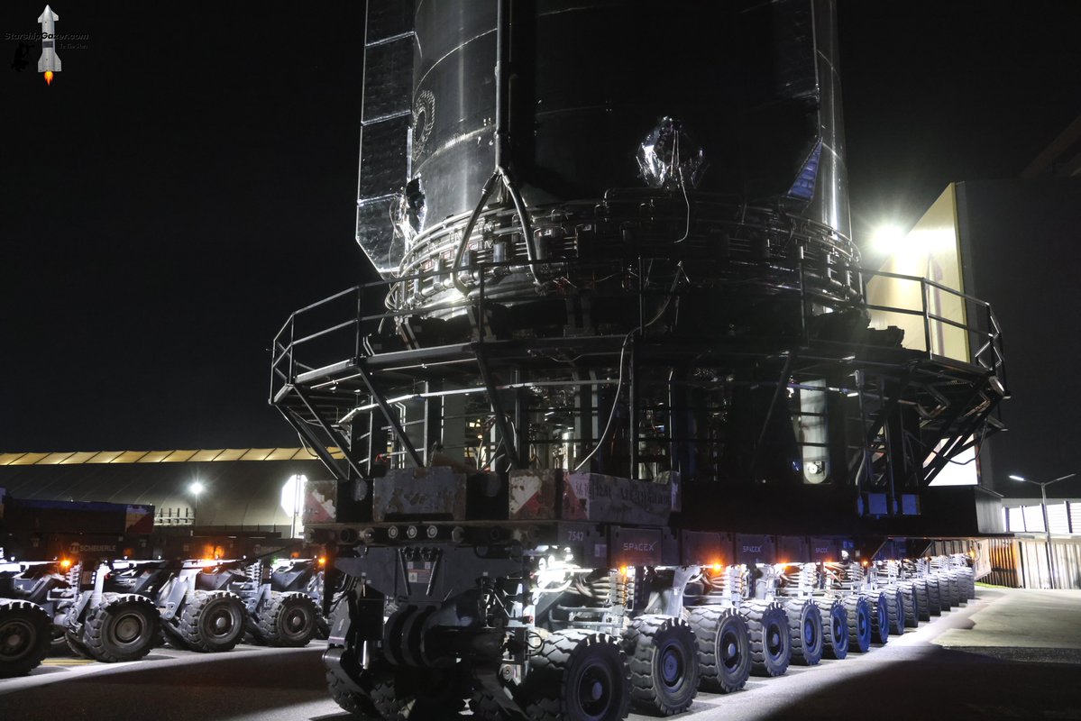 StarshipGazer's tweet image. Super heavy booster 18 rolled out to Starbase Massey&apos;s test site overnight for initial cryogenic proof testing.

11/20/25