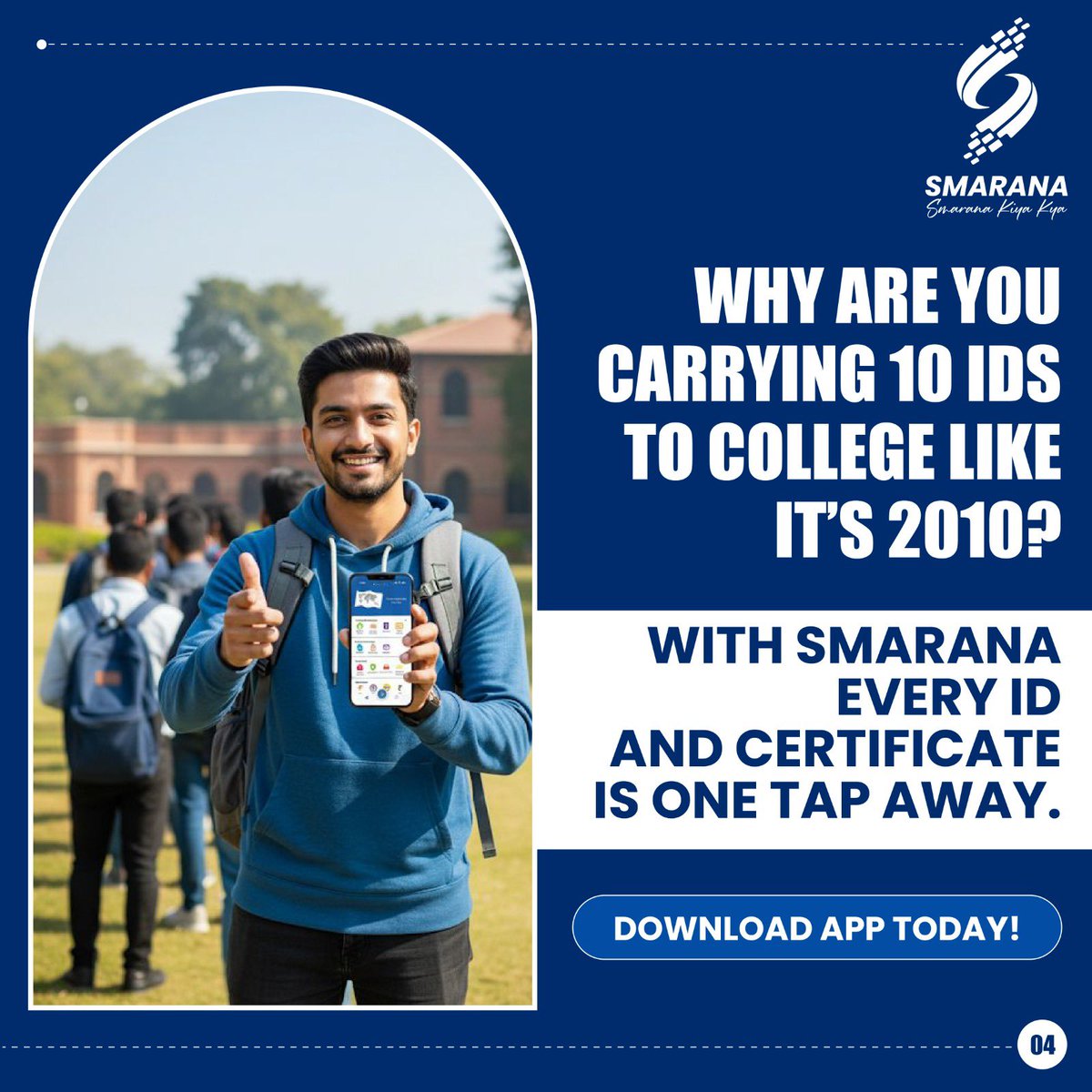 smaranaapp's tweet image. Still carrying multiple IDs to college? With Smarana, every ID and certificate is stored safely in one place—just one tap and you’re ready anywhere, anytime. Smart students in Gurgaon are already switching. Are you?

#smaranaapp #digilocker #makeitinindia #startupindia