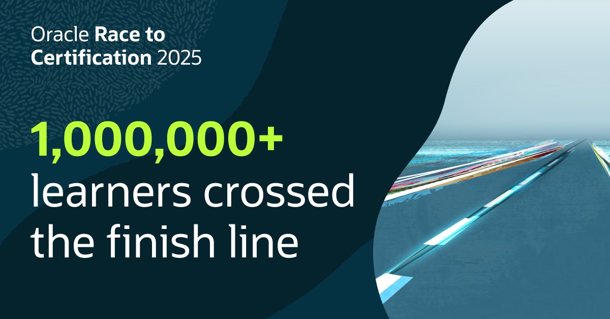 Oracle_ME's tweet image. 👩‍💻 1,000,000+ learners
🌎 160+ countries represented

Our Race to Certification 2025 is complete but the journey doesn’t end here—free OCI training and certifications are still available. social.ora.cl/6013794ac