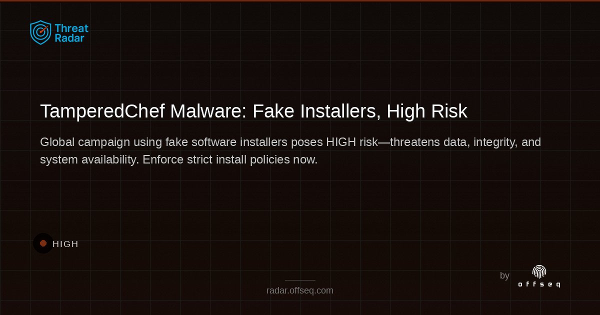 offseq's tweet image. 🚨 HIGH severity alert: TamperedChef malware is spreading via fake software installers, targeting European orgs with heavy software use. Enforce strict install policies &amp;amp; user training! 🛡️ Details: radar.offseq.com/threat/tampere…...
