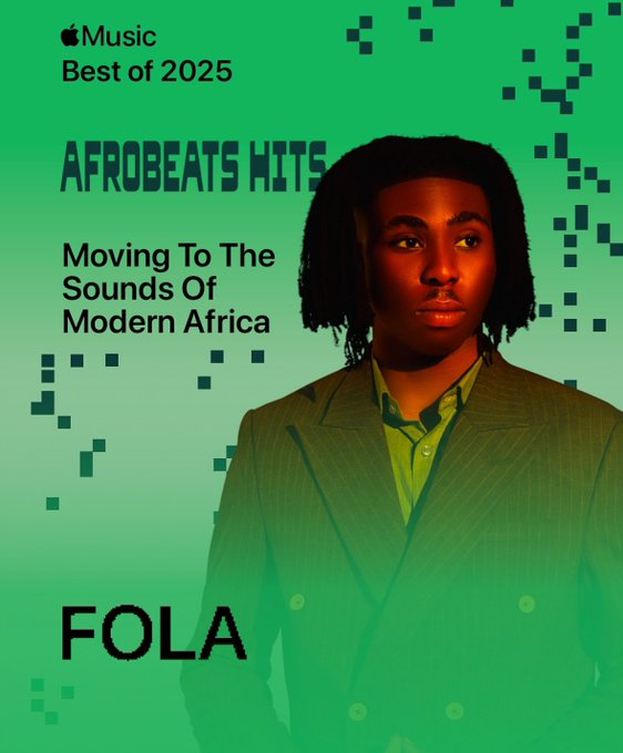PulseNigeria247's tweet photo. Fola takes the spotlight as the face of Apple Music’s Best of 2025 Afrobeats Hits. He has 10 songs in the Top 100. 👏🏽 https://t.co/AeqbxgR2eq